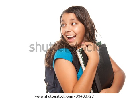 Pretty Hispanic Teen Aged Girl Looking Back with Books and Backpack Ready for School Isolated on a White Background.
