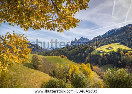 Funes Valley, Dolomites, Italy. Autumnal view of the valley with Odle mountain on the background.
