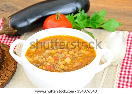 Lentil Soup with Eggplant, Tomatoes and Onions. Studio Photo