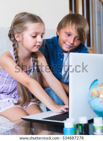 Happy little brother and sister playing online game on laptop
