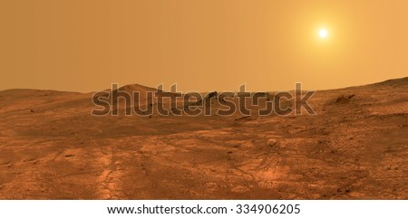 Mars surface with sun in background - Elements of this image furnished by NASA Royalty-Free Stock Photo #334906205
