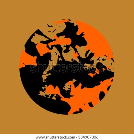Black and orange artistic paint splashes in a circle over brown background.