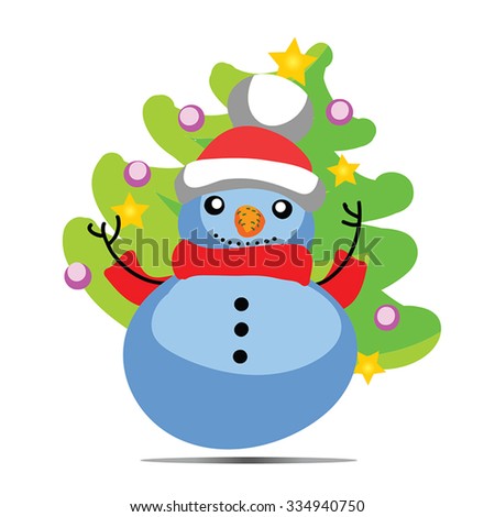 Snowman with Christmas tree - vector illustration. Snowman with red scarf and Santa Claus hat.Snowman cartoon carrying Christmas tree with decoration and stars. Funny Snowman vector clip art.