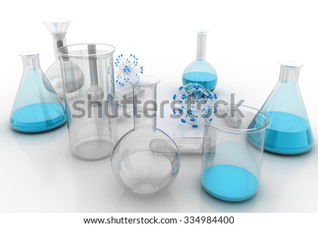 Laboratory glassware with liquids of different colors with reflections on table - With clipping path
