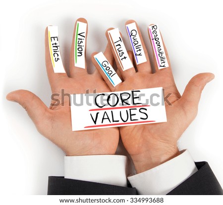 Photo of hands holding paper cards with CORE VALUES concept words