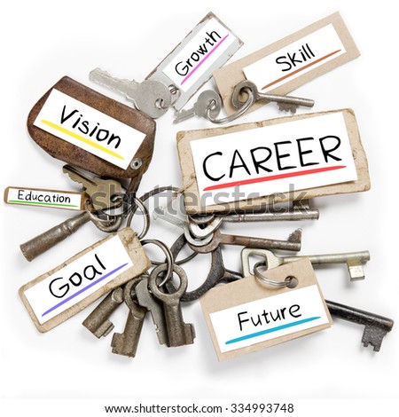 Photo of key bunch and paper tags with CAREER conceptual words