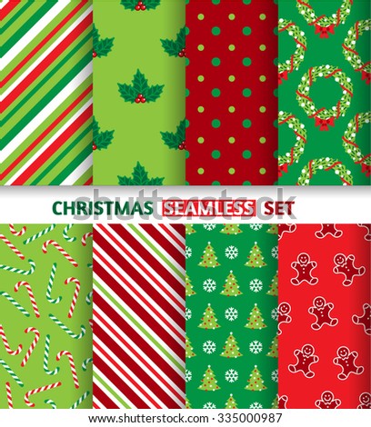 Christmas Seamless Set.
Set of 8 seamless pattern with Christmas and New Year symbols and colors.