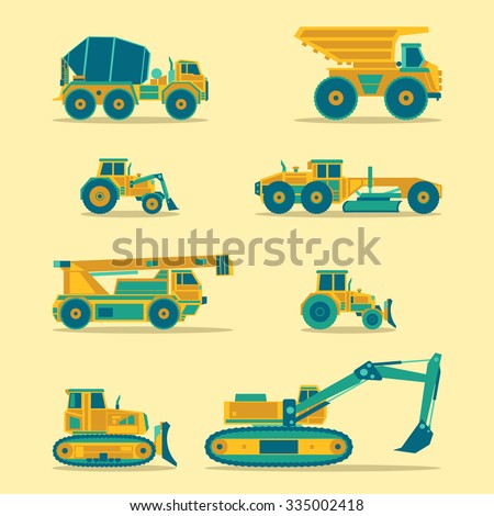 Vector flat set of construction vehicles icons. Road engineering signs. Industrial machinery symbols.