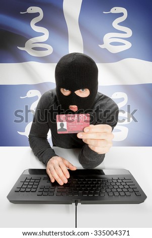 Hacker with ID card in hand and flag on background - Martinique