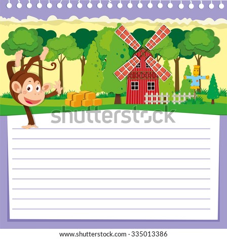 Line paper design with monkey and barn illustration