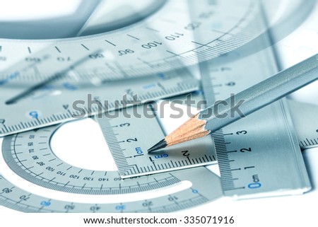selective focus of  the pencil with precision measurement tool , concept of construction or building design drawing idea