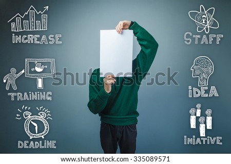 boy in green sweater holding a blank sheet of paper hand sketch icons set business strategy