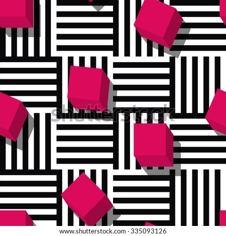 Vector seamless geometric pattern. Flat style pink cube and black, white striped square background. Trendy design concept for fashion textile print.