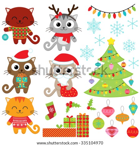 Christmas vector set of cats in costumes, gifts, tree, ornaments and snowflakes