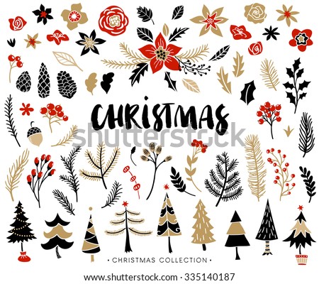 Christmas set of plants with flowers, spruce branches, leaves and berries. Christmas trees. Handwritten modern brush lettering. Hand drawn design elements.