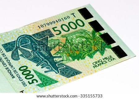 5000 CFA franc bank note. CFA franc is used in 14 African countries.
