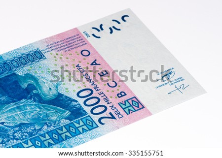 2000 CFA franc bank note. CFA franc is used in 14 African countries.