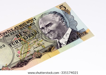 5 Turkish liras bank note. Turkish lira is the national currency of Turkey