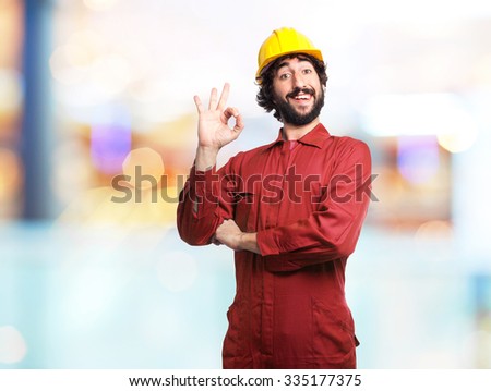 happy worker man allright sign
