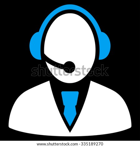 Call Center Worker vector icon. Style is bicolor flat symbol, blue and white colors, rounded angles, black background.