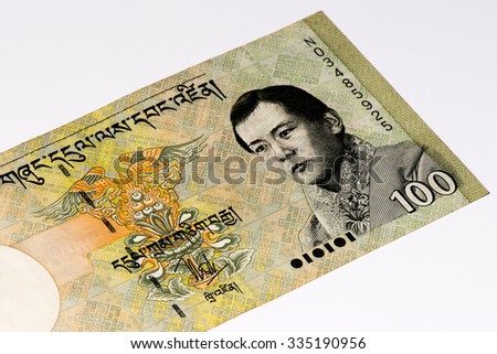 100 ngultrum bank note of Bhutan. Ngultrum is the national currency of Bhutan