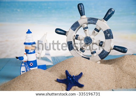 Lighthouse, beach, ship