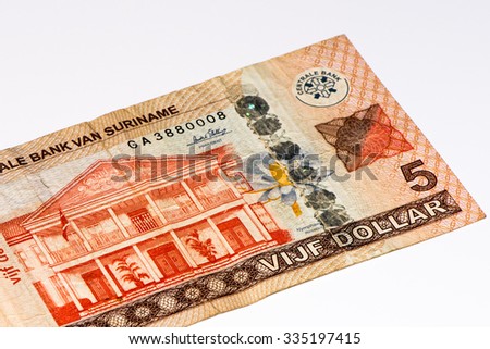 5 Surinamese dollar bank note. Surinamese dollar is the national currency of Suriname