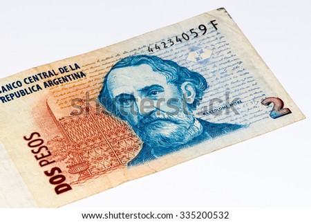 2 Argentinian peso bank note. Argentinian peso is the national currency of Argentina