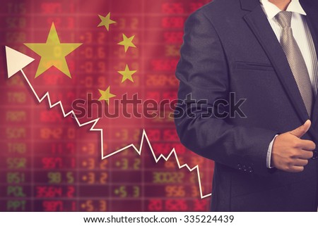 Flag of China. Downtrend stock data diagram with business man vintage color