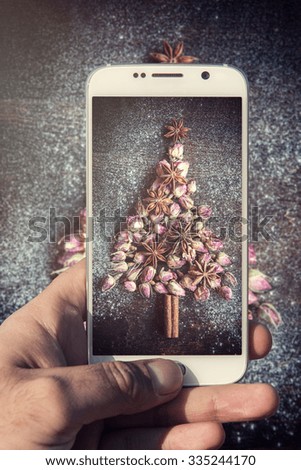 Christmas tree with dried roses and anise on wooden background
