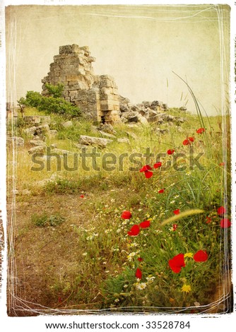 poppy flowers and old ruins - retro styled picture