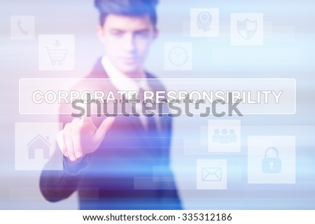 business, technology and internet concept - businessman pressing corporate responsibility button on virtual screens