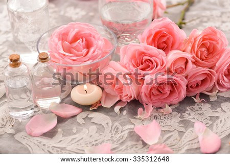 Pink rose petals and rose with candle ,oil on lace