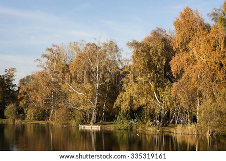Picture of a lake and trees with colorful leaves on an evening in autumn in Bavaria