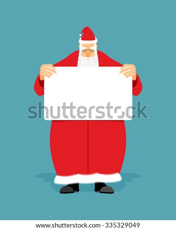 Good Santa Claus holding blank sign with space for text. Christmas 	
granddad with white paper. Old man in red coat with white banner