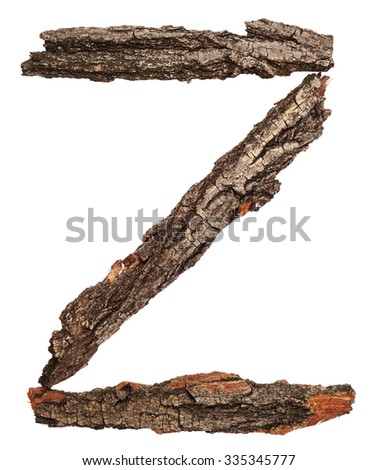 Alphabet from bark tree isolated on white background. Letter Z