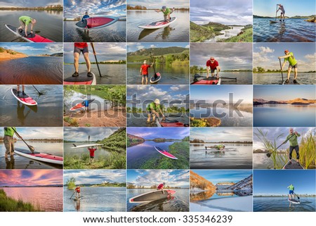 collection of stand up paddling (SUP) pictures from lakes in northern Colorado featuring  the same 60 years old male paddler