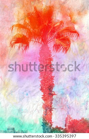 Beautiful watercolor palm trees in a tropical garden