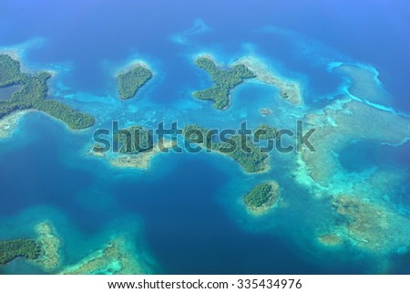 Aerial seascape with islands and coral reefs, archipelago of Bocas del Toro, Caribbean sea, Panama, Central America