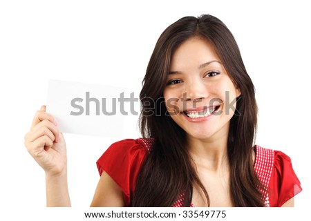 Beautiful eurasian woman holding a blank card / sign. Isolated on white background.