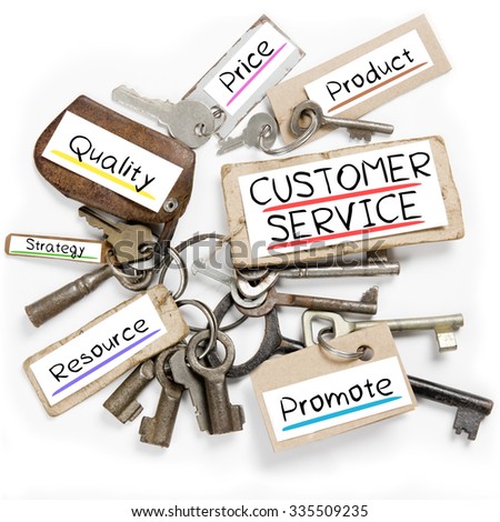 Photo of key bunch and paper tags with CUSTOMER SERVICE conceptual words