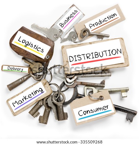 Photo of key bunch and paper tags with DISTRIBUTION conceptual words