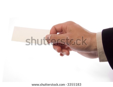 Hand with an empty beige card on a white background