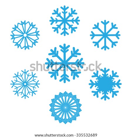 Set of snowflakes vector icons. Background for winter and christmas theme. Set snowflakes flat different shaped. Snowflake symbol, badge blue color on isolated background