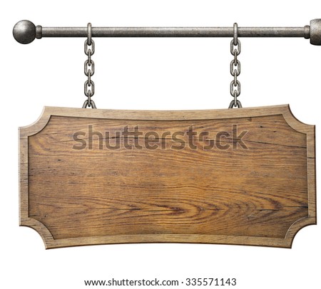 wood sign hanging on chain isolated