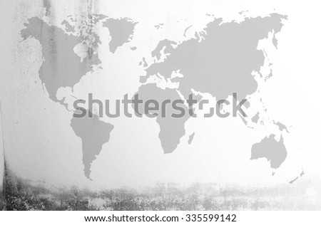 Dirty white concrete and cement wall with moss and world map on wall texture background. abstract wall paper design