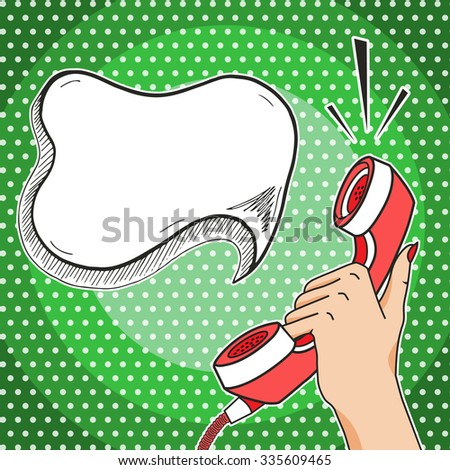 Hand holding old telephone with speech bubble for your text, vector phone call pop art comic style illustration.