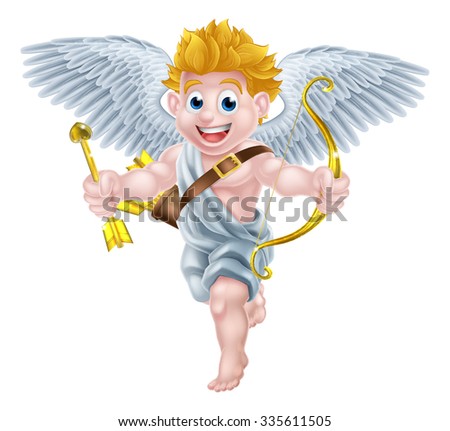 Cartoon valentines day cupid winged angel character holding his golden bow and heart arrow