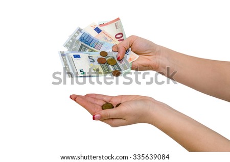 Female hand with different euro isolated on white