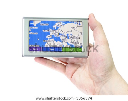 GPS VEHICLE NAVIGATION SYSTEM IN A MAN HAND ISOLATED ON WHITE